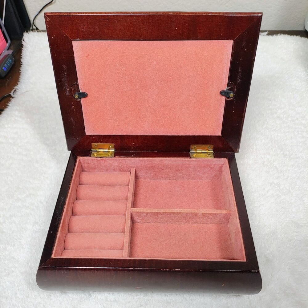 Glass Top Wooden Jewelry Box With Compartments, Brown, Velvet Lined Coral